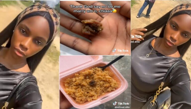 “You break your Ex heart, you dey go his wedding” – Reaction as Nigerian lady tiny meat, meal portion she received at ex-boyfriend’s wedding party.(Video)