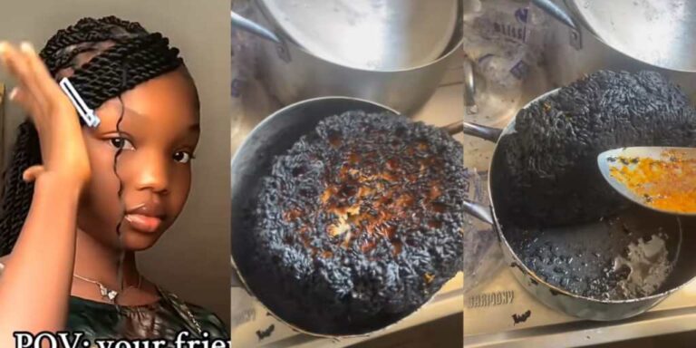 “Correct Genz Wife Material” – Reaction as Lady shares hilarious video of burnt rice after her friend falls asleep while cooking(Video) 